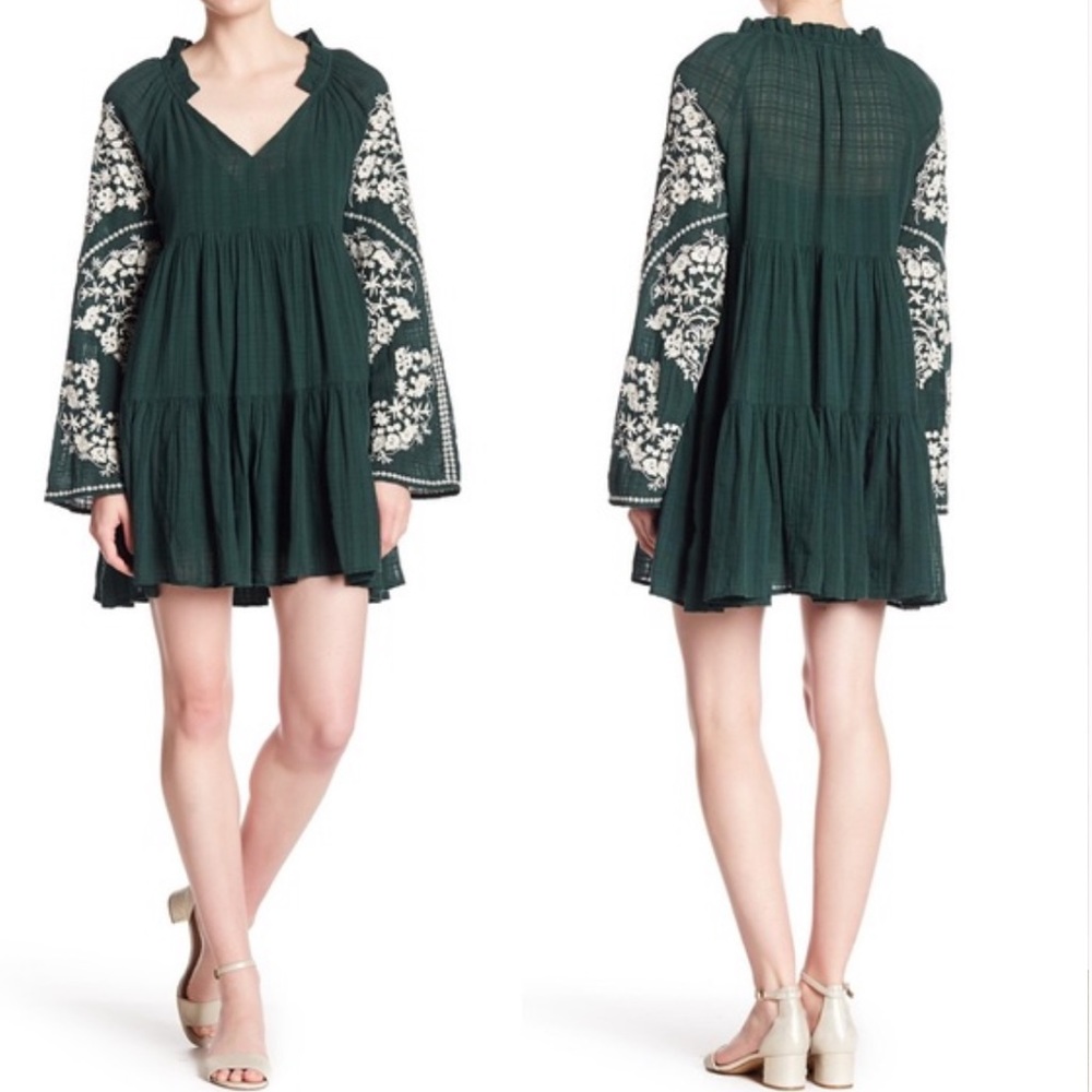 Free People Emerald City Embroidered Tiered Dress In Evergreen